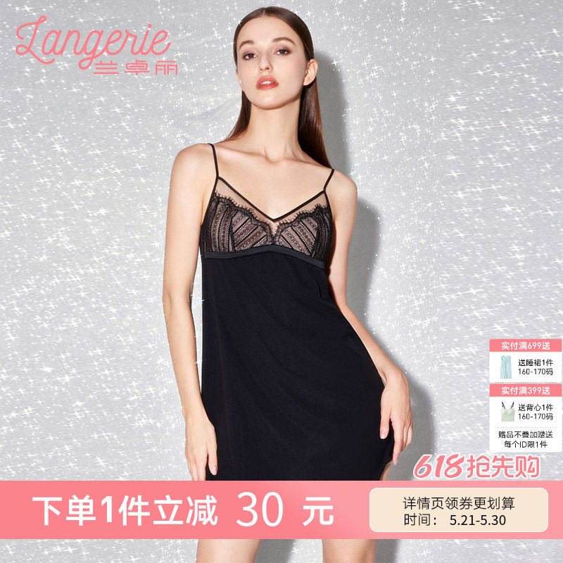 兰卓丽商场同款性感细肩带吊带睡裙女士轻薄蕾丝短裙深V美背睡衣
