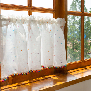 糖豆纱帘半截飘窗短窗帘半帘短款小窗户免打孔厨房短帘门帘隔断帘