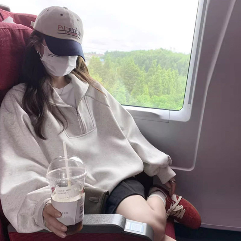 显瘦卫衣女款2025新款春秋季冬季宽松套头半拉链美式外套长袖上衣