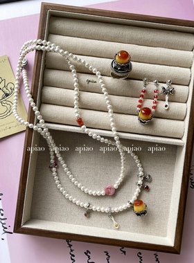 apiao原创浪漫复古高脚焦糖布丁系列套装叠戴项链 开口戒指定制