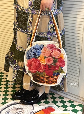 apiao原创【浪漫出游】花束野餐复古日系帆布包 单肩 斜挎包包