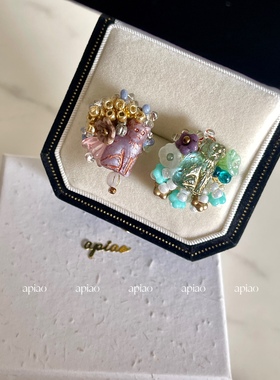 apiao 原创「洛可可花园」森系猫古董感手工串珠耳钉耳夹小众配饰