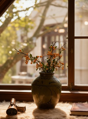 复古陶土手绘静物花瓶摆件