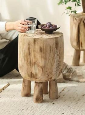 侘寂风木质圆形边几纯手工客厅