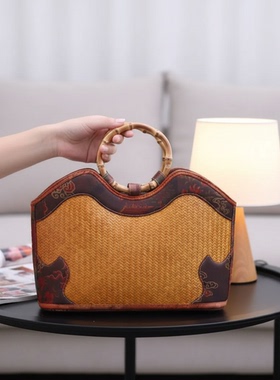 新中式竹藤编织茶几收纳摆件