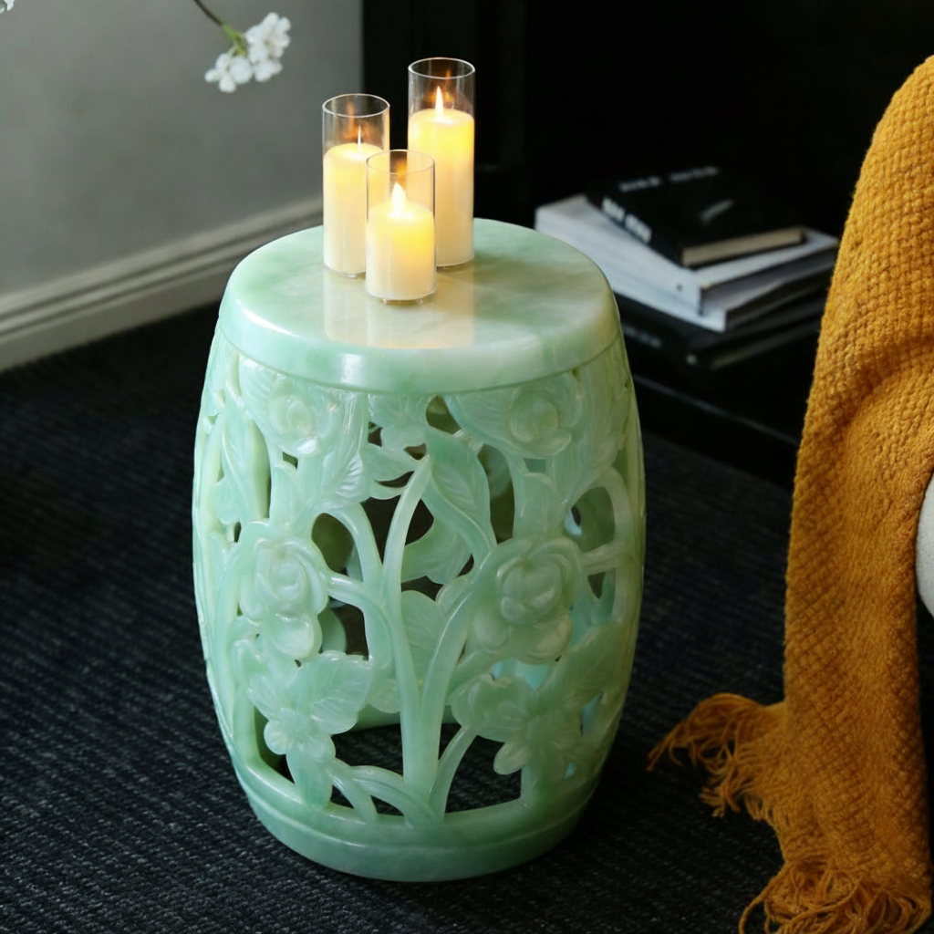 新中式石材镂空花卉凳子多功能装饰椅绿色雕花圆凳