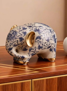 中古风陶瓷青花大象摆件客厅高级感艺术家居电视柜乔迁新居礼物