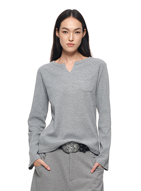 SansFrontieres Daily系列 华夫格小V领宽松休闲长袖T恤