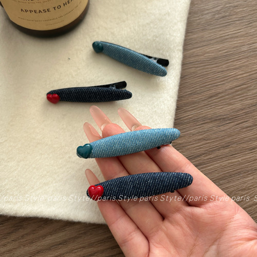 韩系牛仔布艺侧边刘海夹爱心发夹