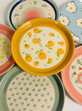 出口韩国8寸陶瓷餐具盘子圆形手绘浮雕家用菜盘釉下彩小清新盘子