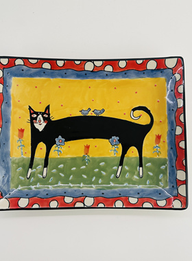 外贸手绘艺术猫咪长方盘餐盘点心碟甜品托盘鱼盘家居装饰摆盘釉下