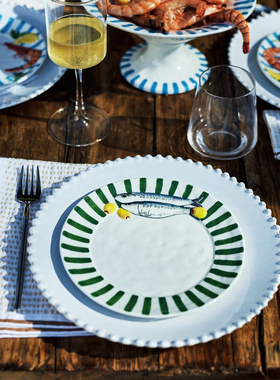 An品牌手绘沙丁鱼陶瓷盘绿条纹浮雕餐碟家用点心盘装饰摆盘