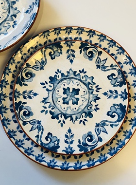 外贸陶瓷8.5寸 10.5寸餐盘美式复深汤盘 波尔图青花蓝色圆盘菜盘
