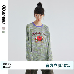 打底衫 復(fù)古撞色段彩華夫格西紅柿純棉印花T恤女寬松休閑長(zhǎng)袖