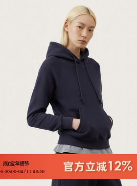 通勤风连帽卫衣女宽松显瘦长袖套头深蓝色简约上衣