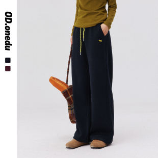 ODonedu宽松直筒裤 子女2026春秋高腰加绒刺绣休闲藏青色运动卫裤