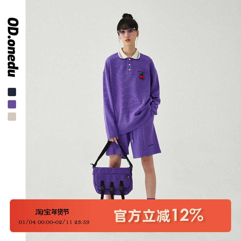 OD紫色运动休闲华夫格POLO领长袖樱桃套装女长袖T恤五分裤两件套,女装/女士精品,时尚套装,淘宝优惠券,粉丝福利购,淘宝优惠卷