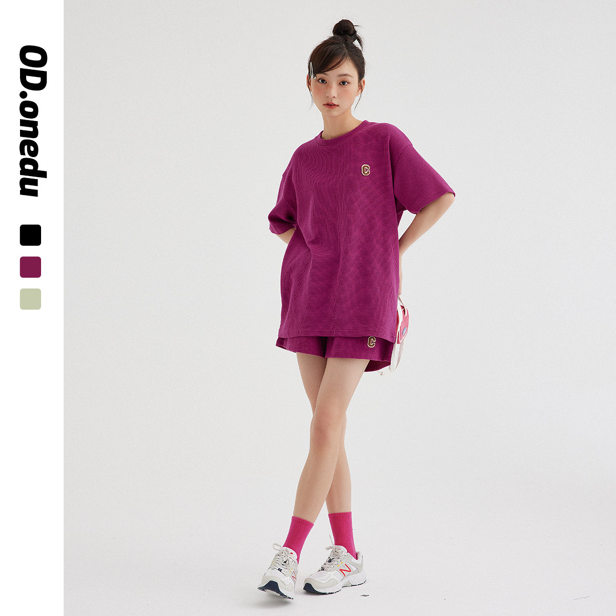 od刺绣华夫格短袖套装女2026夏季休闲运动宽松短裤两件套玫红色