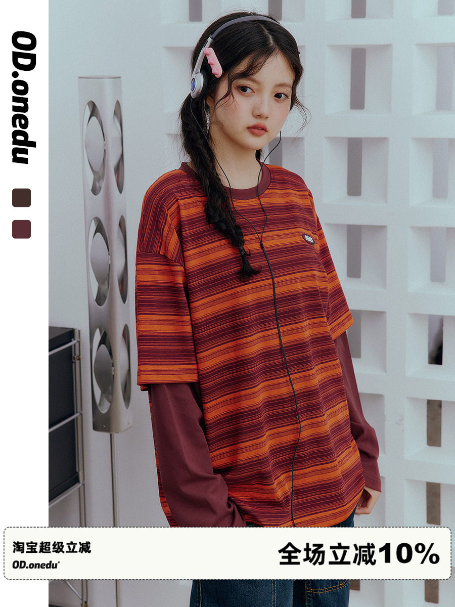 ODonedu假两件条纹拼接长袖T恤女春秋撞色纯棉情侣款圆领小众上衣