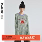 打底t衫 复古撞色段彩华夫格西红柿纯棉印花T恤女宽松休闲长袖