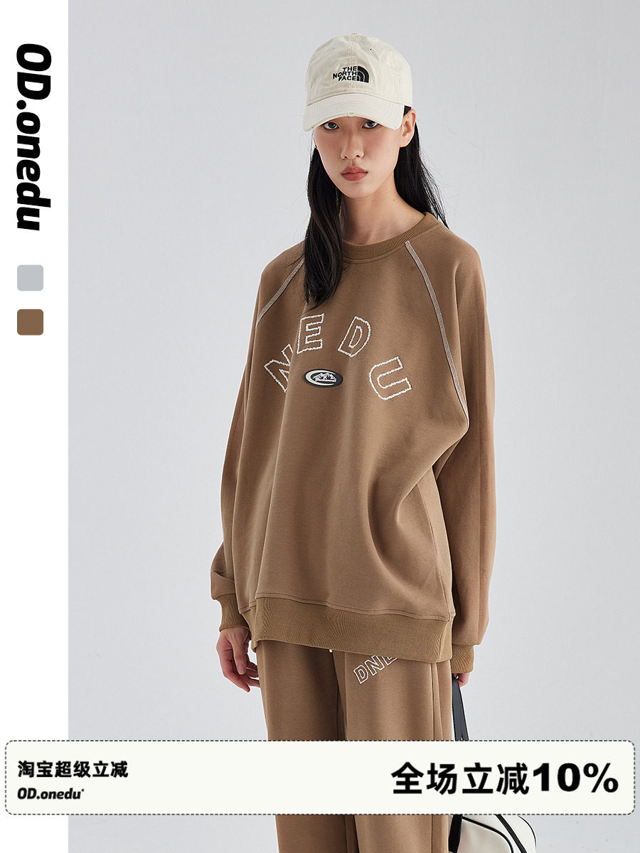 LOGO刺绣圆领长袖卫衣女纯棉ins超火春秋百搭学生宽松学院风上衣