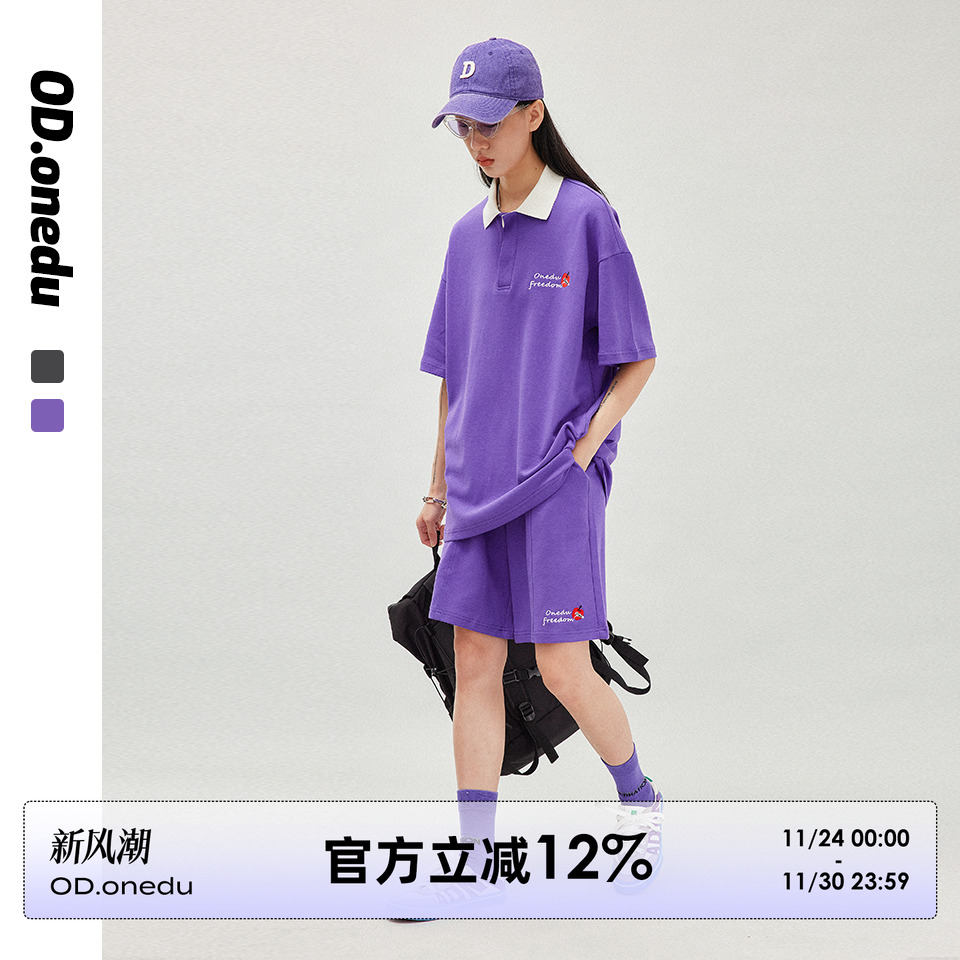 OD运动套装女夏季休闲POLO领宽松学生情侣短袖上衣五分短裤两件套