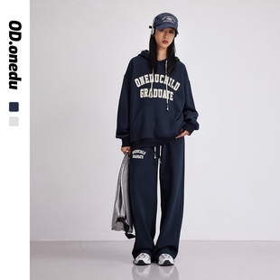 宽松休闲运动慵懒风高腰裤 女春款 子两件套 复古连帽卫衣套装 OD美式