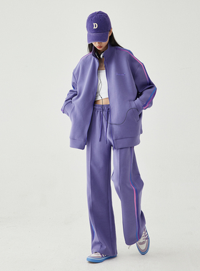 OD休闲空气层立领拉链外套女开衫港风学院风直筒卫裤运动宽松套装