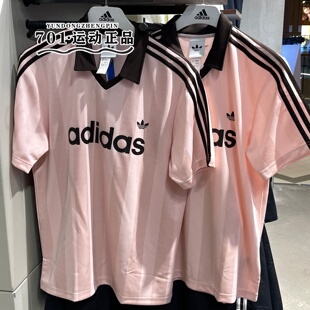 adidas三叶草男女同款复古美式风三条纹翻领透气球衣T恤 KE3580