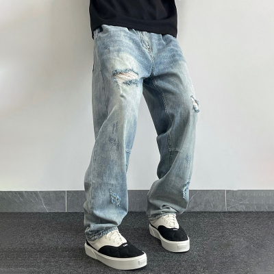 破洞牛仔裤男宽松直筒薄款