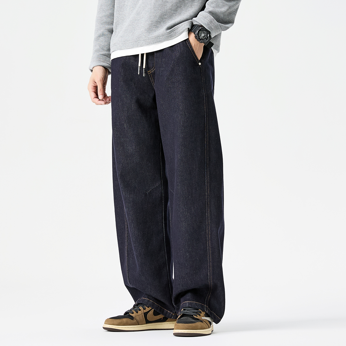 裤子男秋冬牛仔裤男宽松直筒潮流水洗复古原色美式高街男生休闲裤