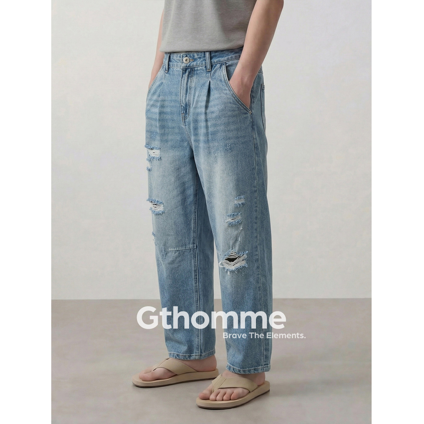 GThomme男生破洞牛仔裤男工装宽松直筒乞丐裤九分裤子男休闲裤