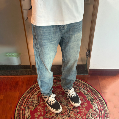 裤子男秋冬新款破洞牛仔裤男宽松直筒潮牌水洗浅色阔腿长裤休闲裤