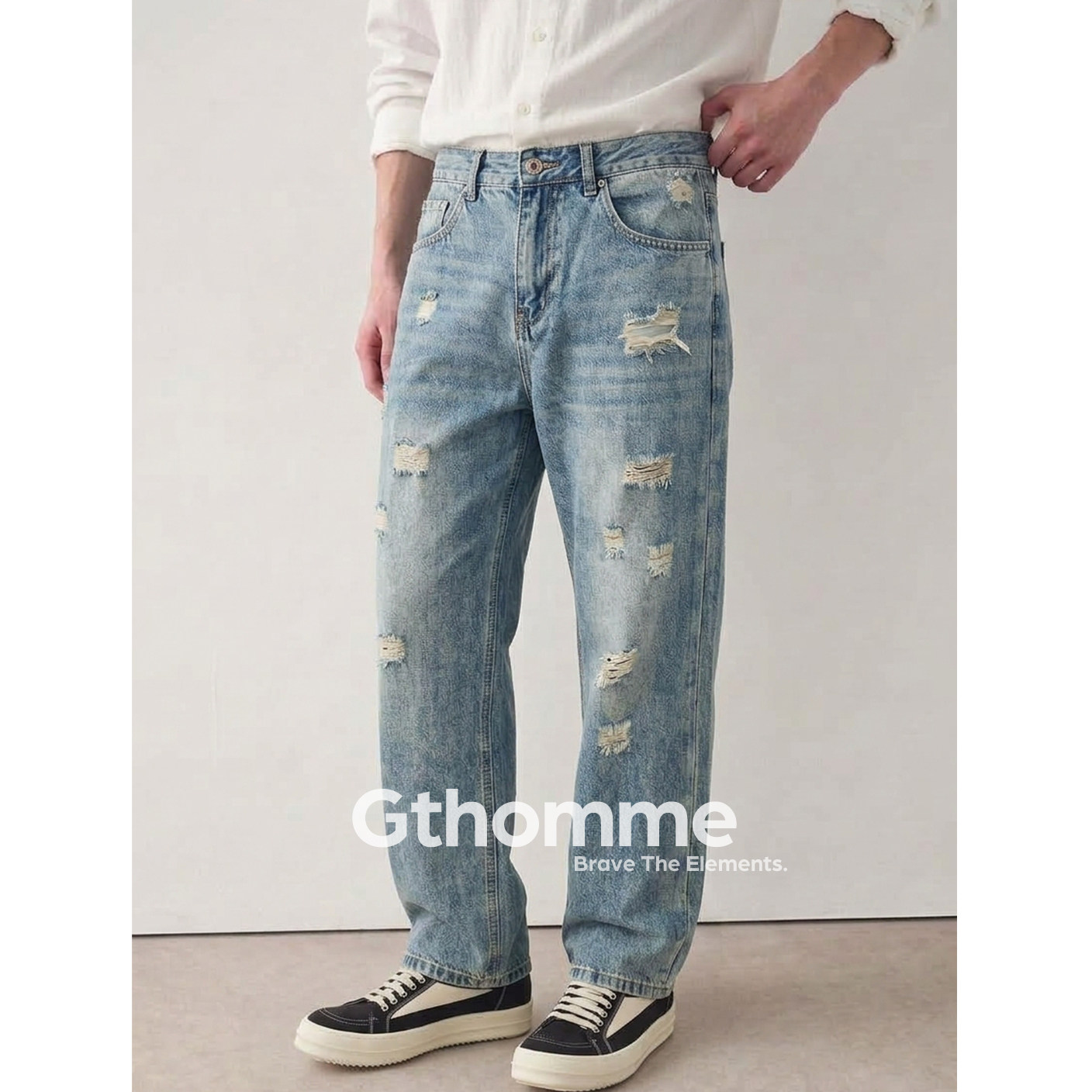 GTHOMME 秋冬款破洞牛仔裤宽松直筒水洗做旧浅蓝阔腿长裤老钱风