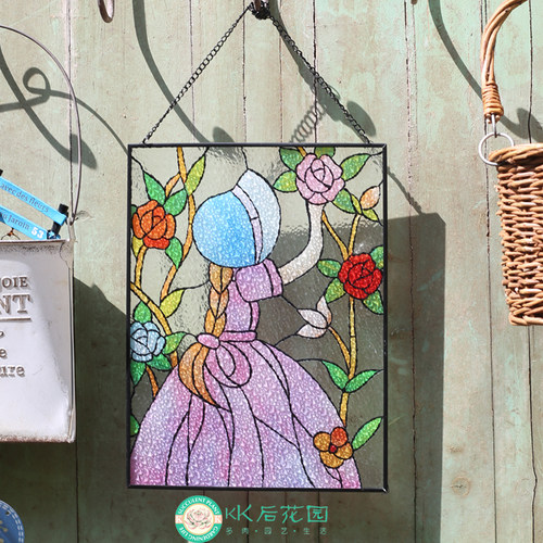 外贸彩色玻璃花窗女孩彩绘挂饰复古彩色艺术玻璃拍摄背景INS