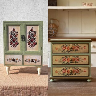 绿色复古花纹实木置物架实木乡村家居摆件植物架玫瑰花迷你桌面柜