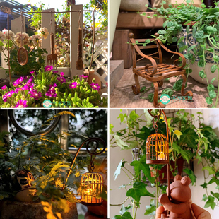 铁艺锈色椅子模型迷你小鸟笼摆件洒水壶装饰鸟窝插件园艺微缩摆件