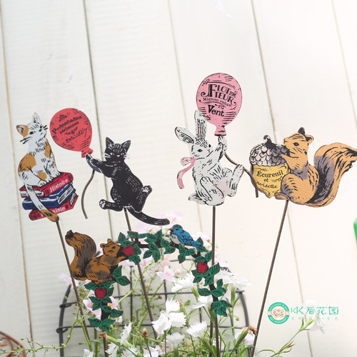 日系杂货铁艺花插动物气球兔子猫咪栅栏装饰品插件地插满28包邮