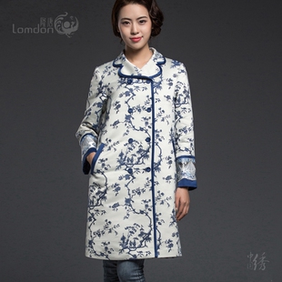 春装新款常规长袖中长款修身翻领风衣民族风提花双排扣外套女M307