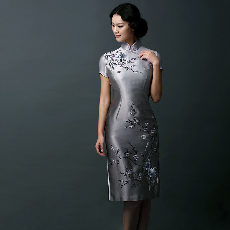隆唐重工手工绣花真丝旗袍日常穿搭礼服婚宴喜新娘喜妈妈礼服L281