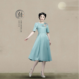 春装新款隆唐修身A字中长款民族风重工绣花刺绣中袖连衣裙女L343