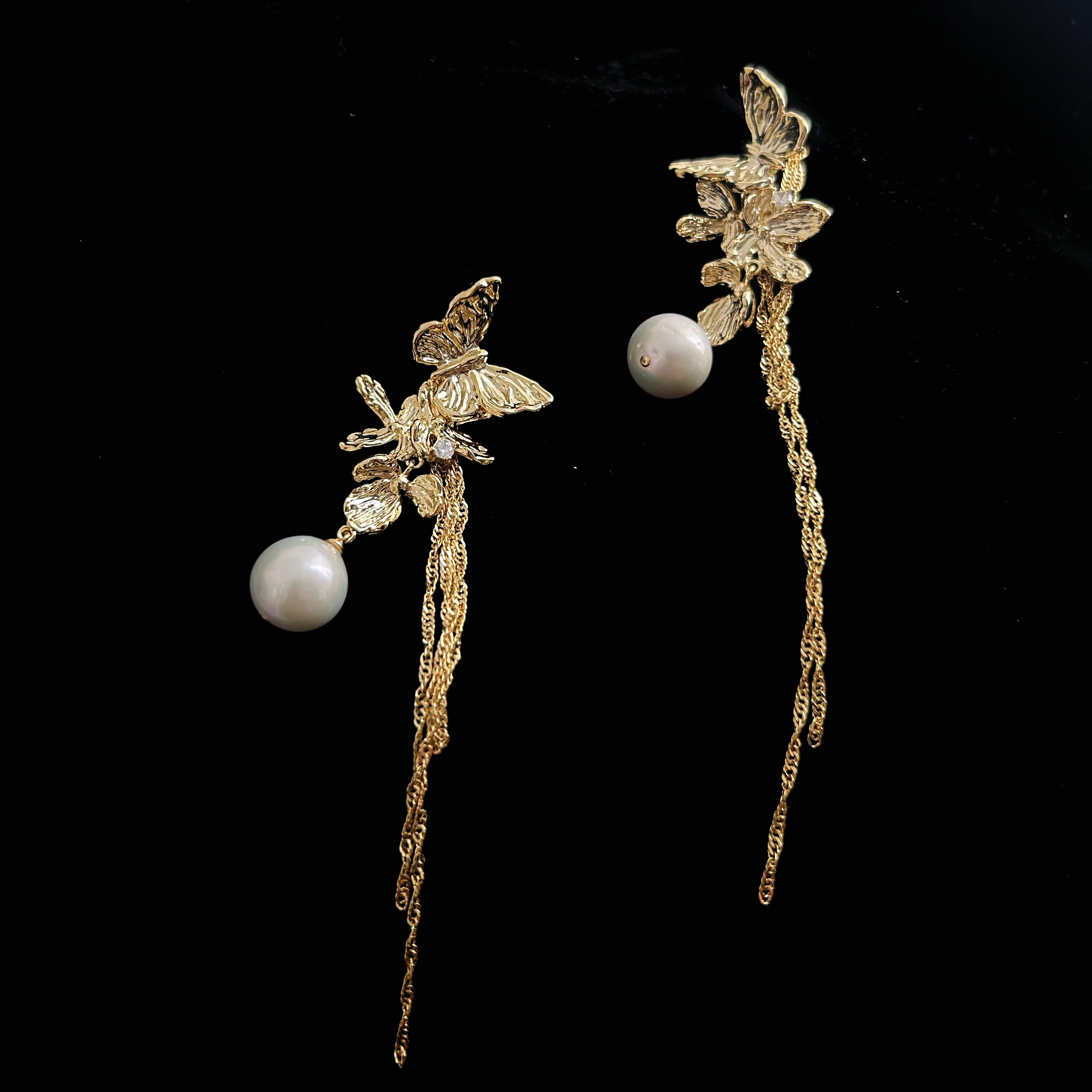 国风新中式两戴金色蝴蝶花朵珍珠流苏长款耳环耳饰 轻奢高级感