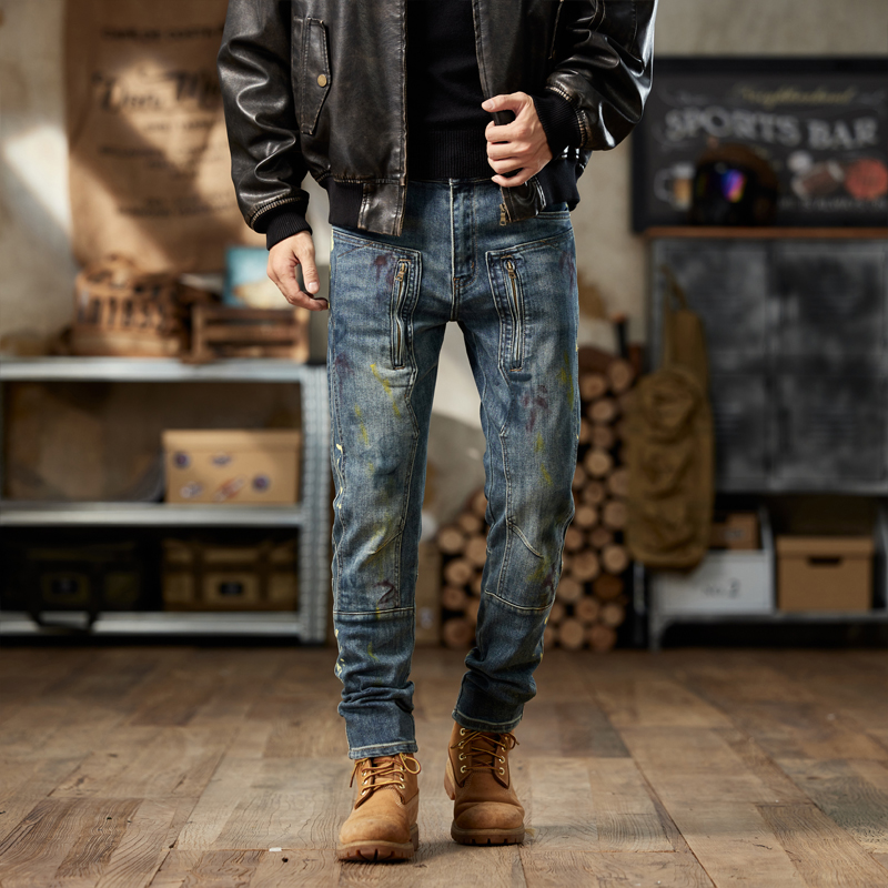 欧美复古潮牌机车牛仔裤