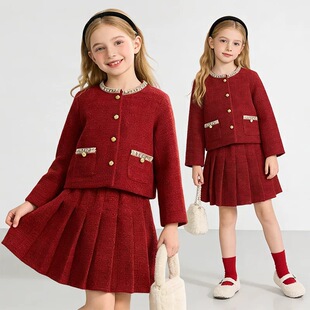 女童红色拜年服加厚套装秋冬季小香风洋气外套时尚百褶裙两件套潮