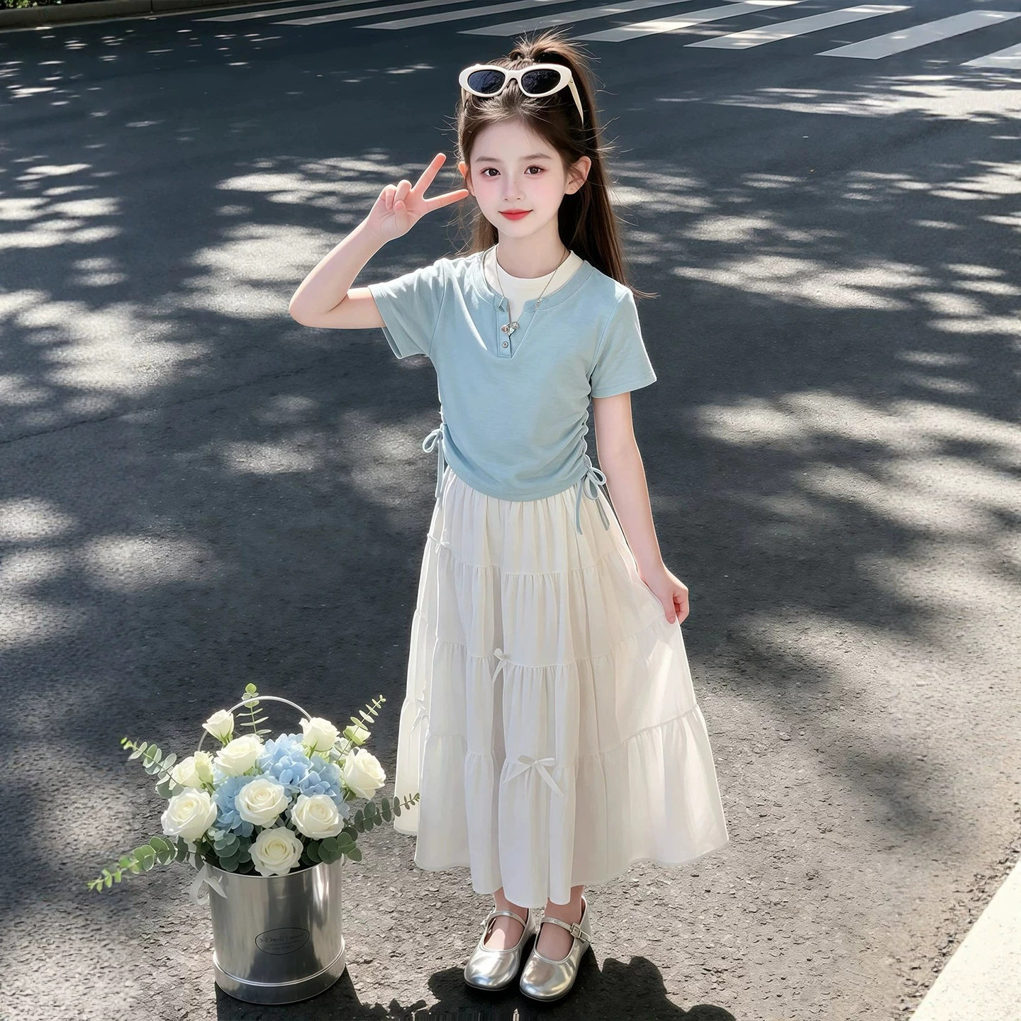 女童小清新半身裙套装儿童夏季洋气抽绳显瘦上衣中小学生女孩夏装