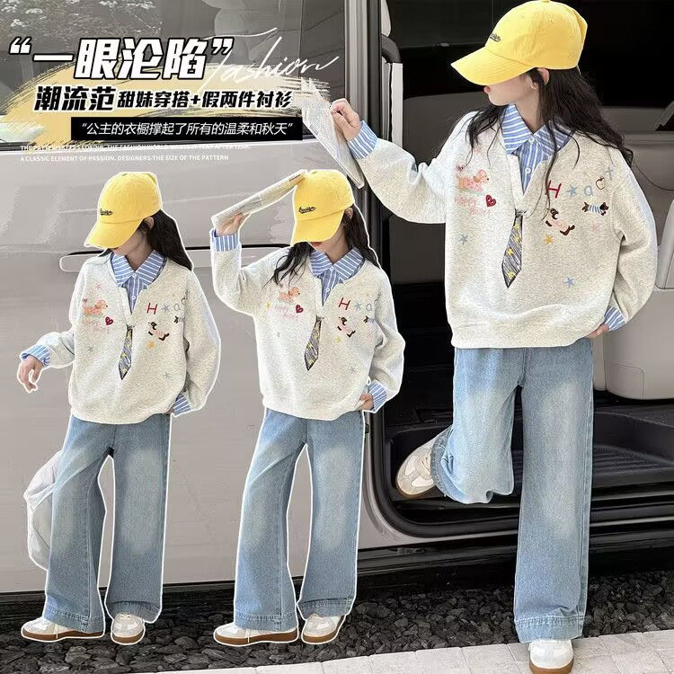 女童时尚设计感卫衣春装新款儿童装初中生学院风衬衫领假两件上衣
