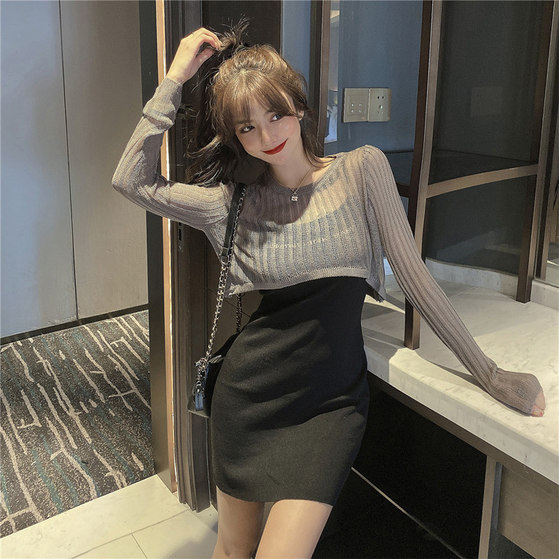 秋夏装新款洋气时尚小黑裙女长袖防晒针织上衣吊带连衣裙两件套装