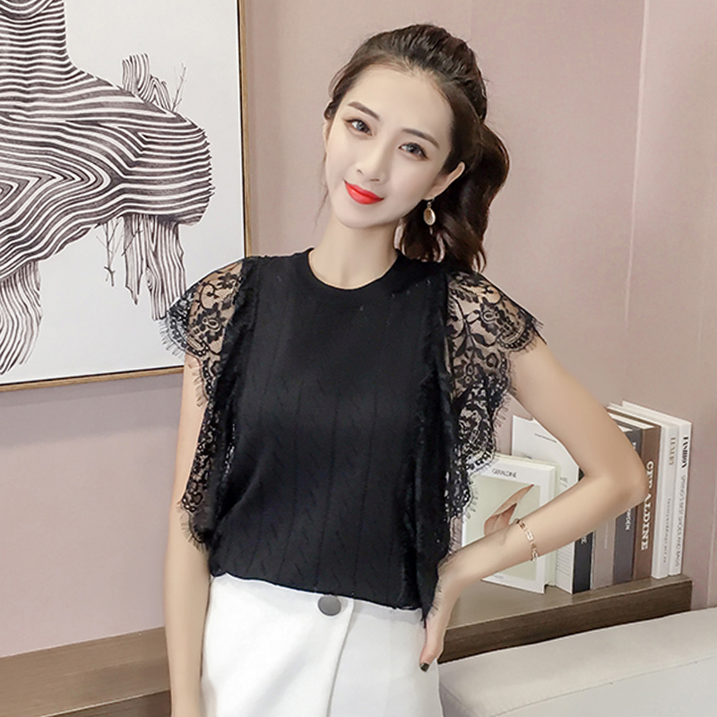 秋夏寬松圓領蕾絲拼接針織打底衫無袖t恤女內搭外穿背心chic上衣
