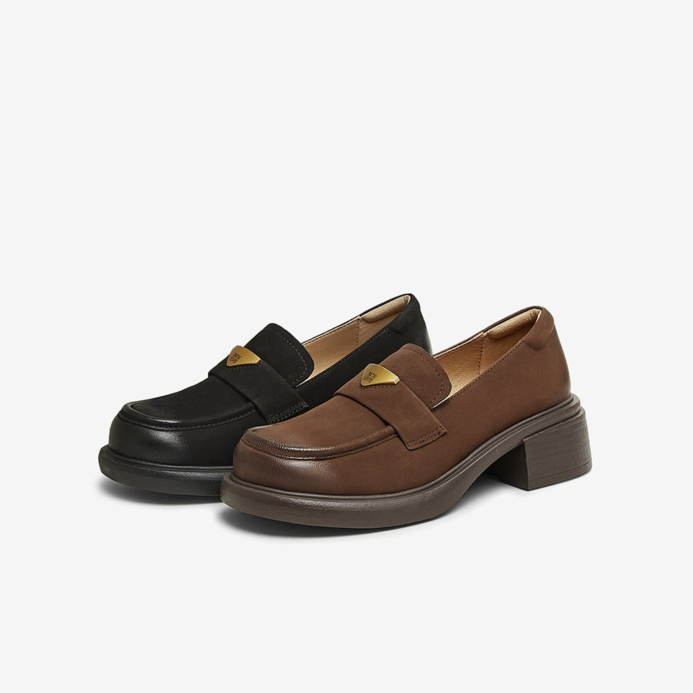 TATA他她羊皮粗跟一脚蹬乐福鞋