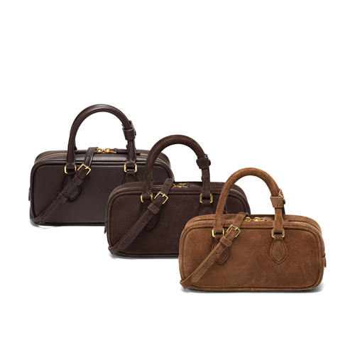 百丽包包女25冬绵绵吐司波士顿包反绒麂皮单肩斜挎手提包X7471AX6